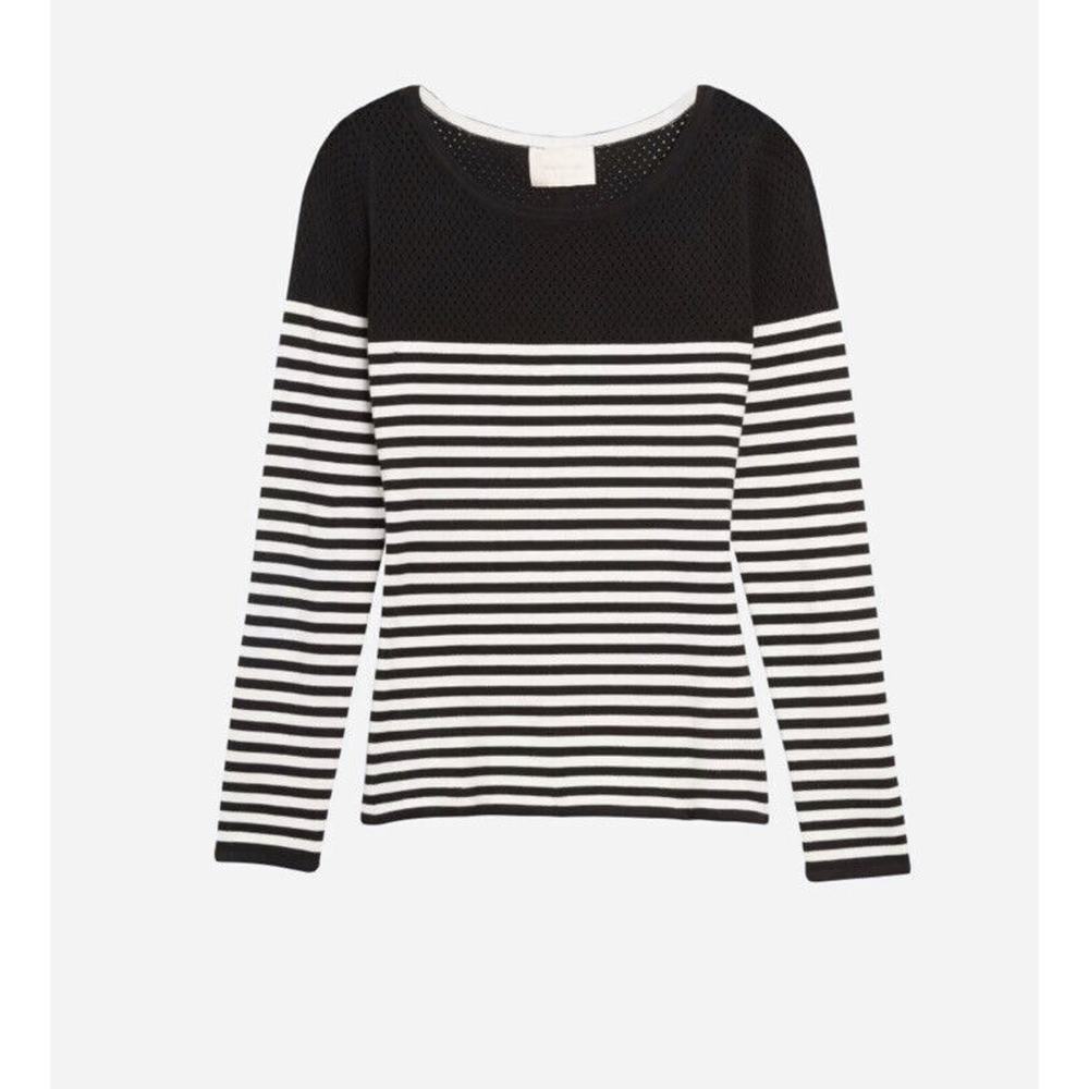 SKIES ARE BLUE Donatella Striped & Mesh Pullover Sweater Black/White Medium